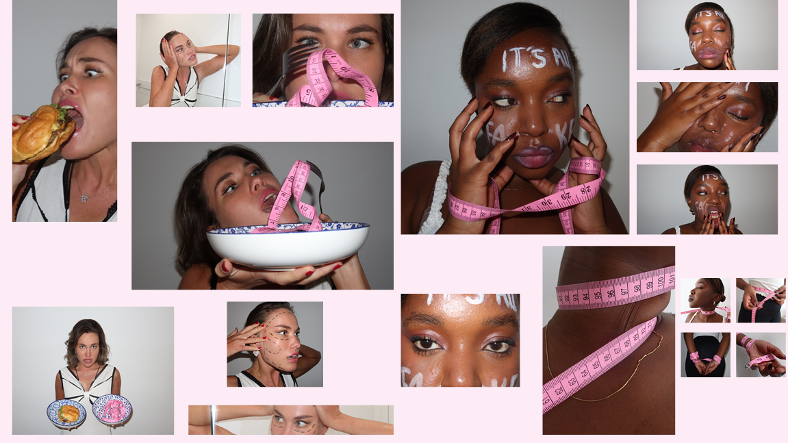 Photo series collage: models bound with pink measuring tape, a woman eating a burger, faces marked with surgical guide-lines and the words "it's all fake"