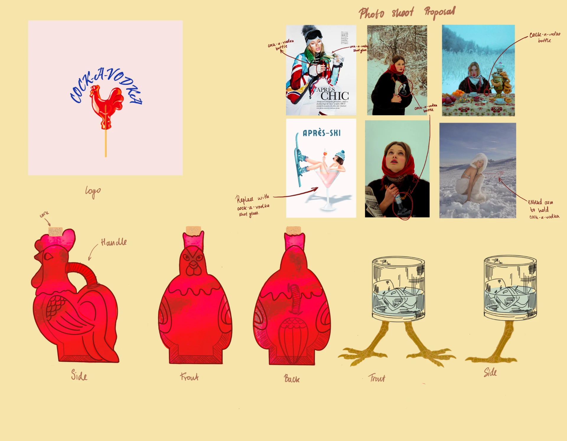 Cock-a-Vodka logo, rooster bottle sketches from side, front and back, rocks glasses on chicken feet, and a photo shoot proposal moodboard